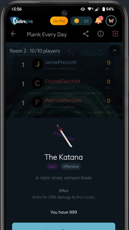 The Katana item on a challenge screen
