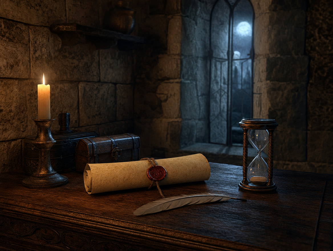 A parchment, quill, and hourglass on a castle table