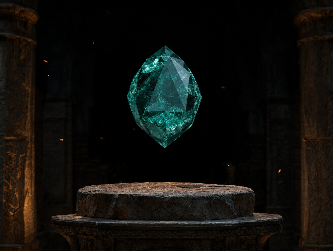 A teal gem hovering over a stone altar