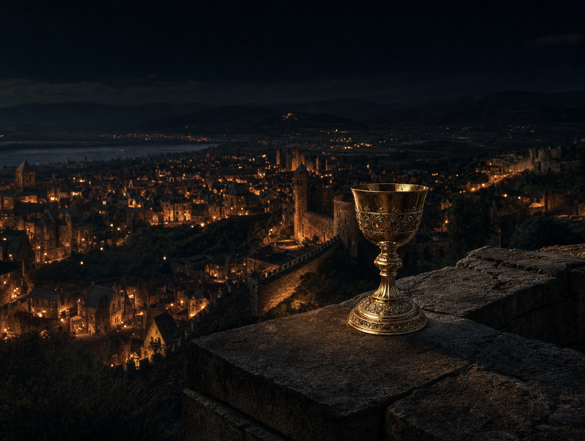 A gold chalice on a castle wall above a medieval town