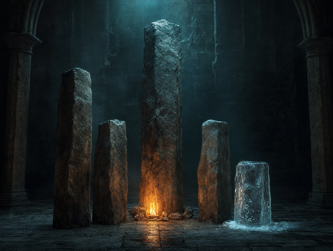 Stone pillars in a dark hall, one frozen and one burning