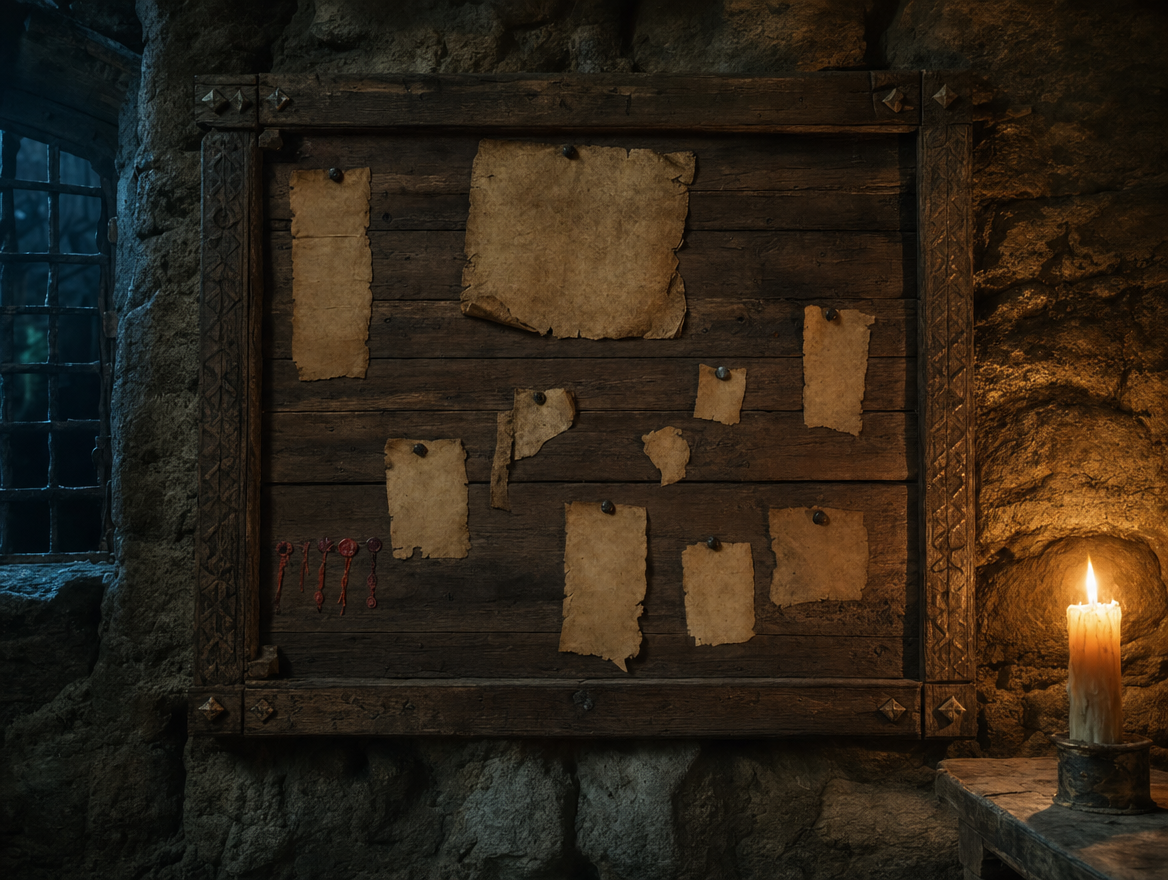 A candlelit quest board on a stone wall